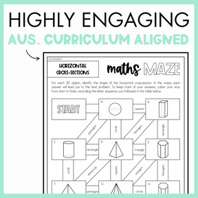 Maths maze worksheet titled 'Horizontal Cross-Sections' with text 'Highly Engaging Australian Curriculum Aligned'.