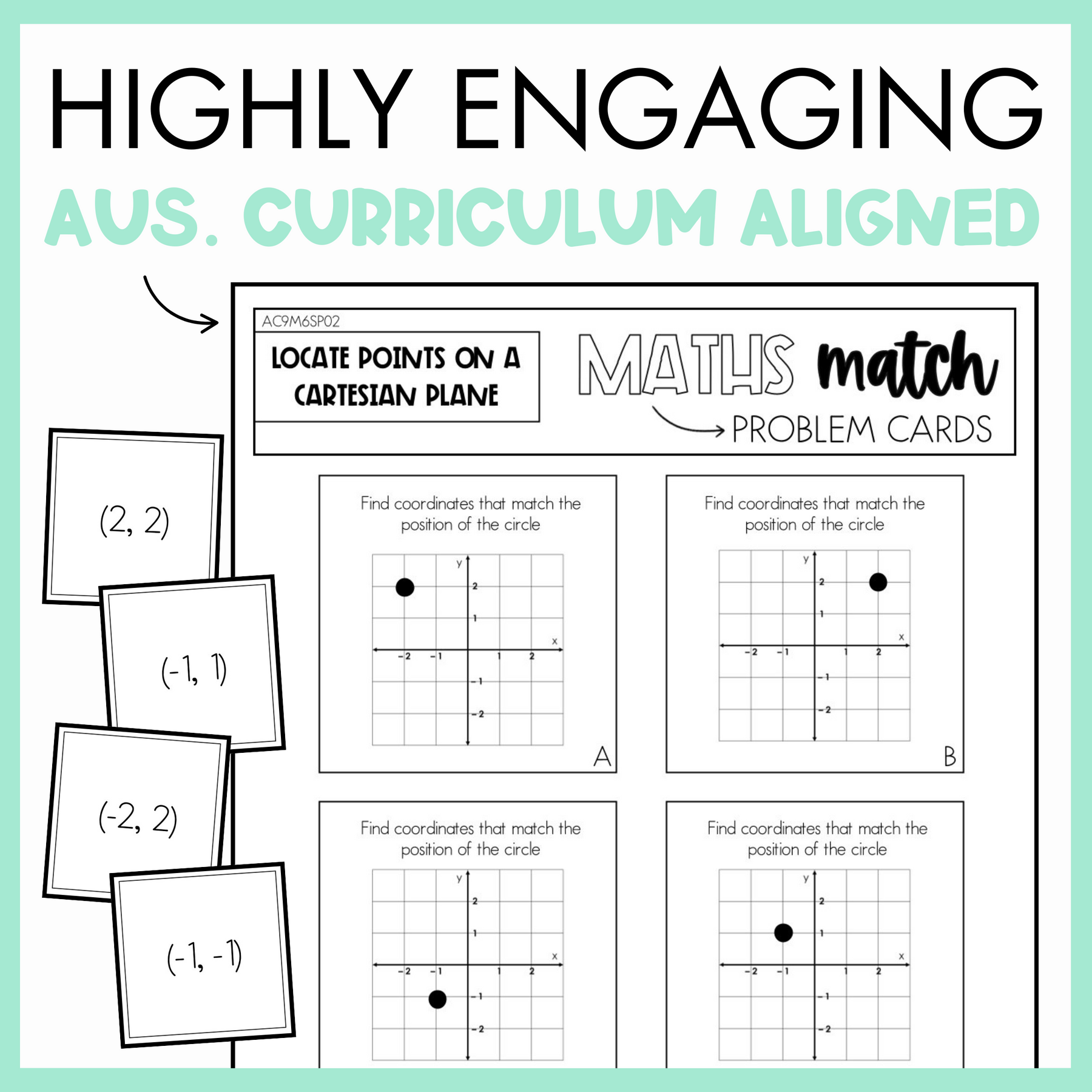 Maths match worksheet with problem cards for locating points on a Cartesian Plane, with text 'Highly engaging Australian curriculum aligned'. 