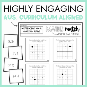 Maths match worksheet with problem cards for locating points on a Cartesian Plane, with text 'Highly engaging Australian curriculum aligned'. 