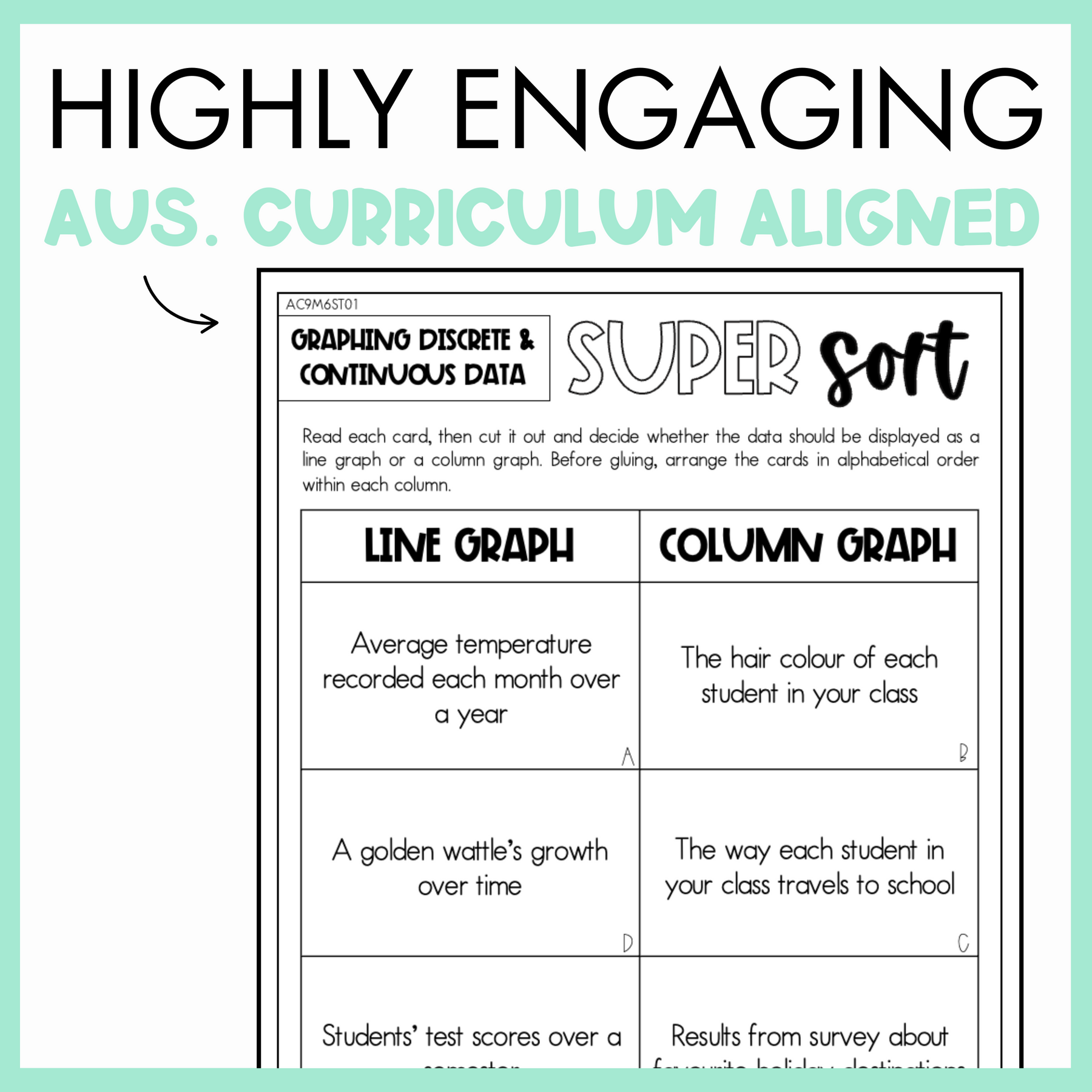 Maths super sort worksheet titled 'graphing discrete and continuous data' with text about graph types and data examples, set against a light green border with text at the top that reads 'Highly engaging Australian curriculum aligned.'