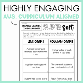 Maths super sort worksheet titled 'graphing discrete and continuous data' with text about graph types and data examples, set against a light green border with text at the top that reads 'Highly engaging Australian curriculum aligned.'