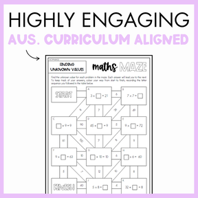 Maths maze worksheet for finding unkown values on a purple background with text 'Highly engaging Australian curriculum aligned'. 