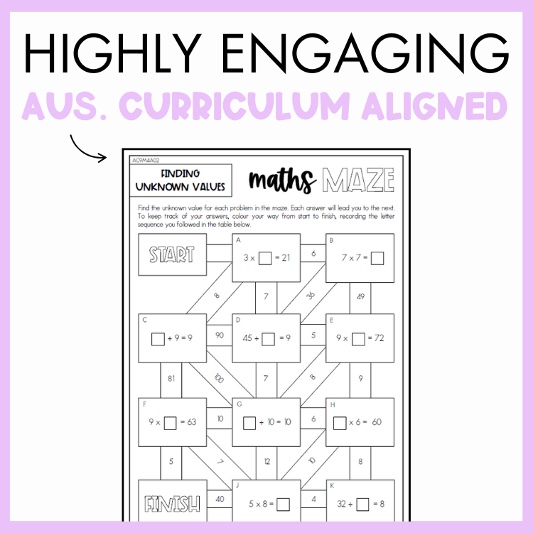 Maths maze worksheet for finding unkown values on a purple background with text 'Highly engaging Australian curriculum aligned'. 