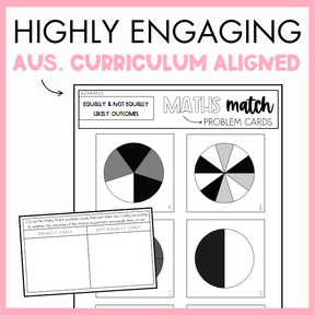 Mathematics problem cards with pie charts and text on a pink border. At the top, the text reads 'Highly engaging Australian curriculum aligned.'