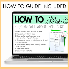 Laptop displaying a 'How to' guide for creating an 'All About You' cube with step-by-step instructions with text 'How to Guide Included' on top.