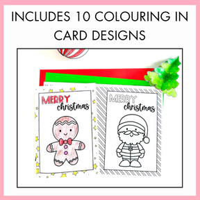 Christmas-themed coloring card designs with a gingerbread man and Santa Claus on a pink border with text 'includes 10 colouring in card designs' on top. 