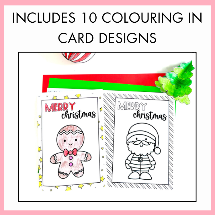 Christmas-themed coloring card designs with a gingerbread man and Santa Claus on a pink border with text 'includes 10 colouring in card designs' on top. 
