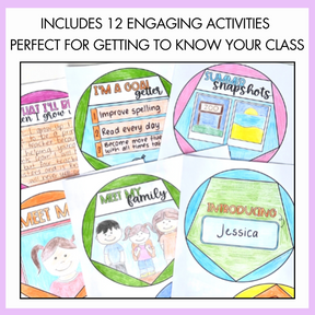 All about me dodeccahedron activities for getting to know a class, including goal setting, summer snapshots, meet my family and introduction cards. Above the image, the text reads 'includes 12 engaging activities perfect for getting to know your class'.