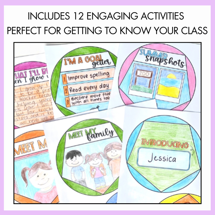 All about me dodeccahedron activities for getting to know a class, including goal setting, summer snapshots, meet my family and introduction cards. Above the image, the text reads 'includes 12 engaging activities perfect for getting to know your class'.