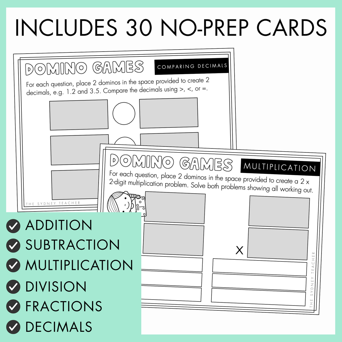 Two domino card games about comparing decimals and multiplication. the text above reads 'includes 30 no-prep cards' and below is a light green banner with list of maths topics covered: addition, subtraction, multiplication, division, fractions, and decimals. 