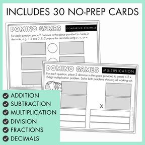 Two domino card games about comparing decimals and multiplication. the text above reads 'includes 30 no-prep cards' and below is a light green banner with list of maths topics covered: addition, subtraction, multiplication, division, fractions, and decimals. 