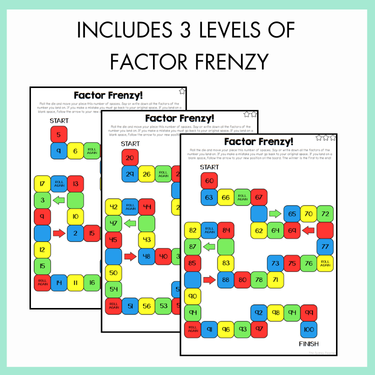 Three levels of 'Factor Frenzy' game boards with colourful numbers and arrows on a white background.