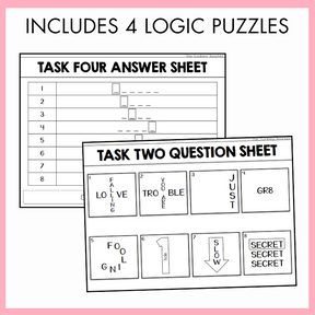 Logic Puzzle / Team Building Escape Room | Year 5 & 6 [Volume 2] featuring two task cards 'task four answer sheet' and 'task two question sheet.'