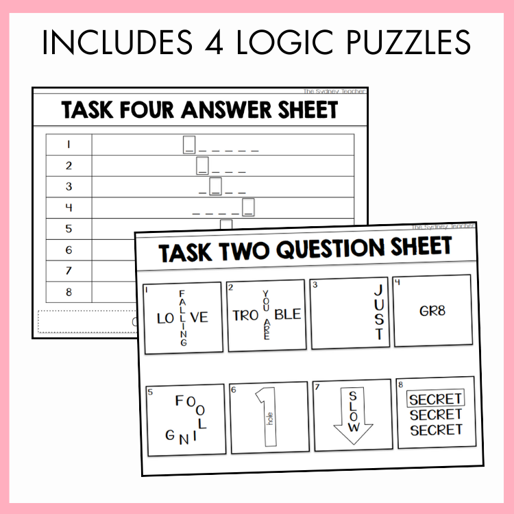 Logic Puzzle / Team Building Escape Room | Year 5 & 6 [Volume 2] featuring two task cards 'task four answer sheet' and 'task two question sheet.'