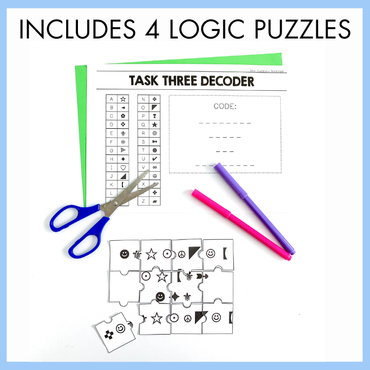 Logic puzzle set with scissors, markers, and decoder sheet on a light blue border.