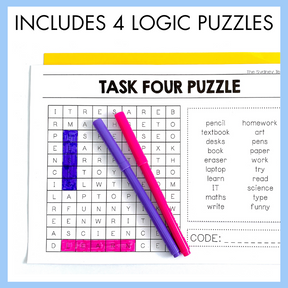 Logic puzzle sheet with two pens on a blue background.