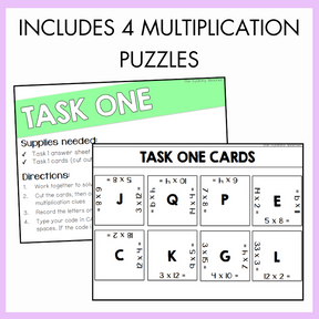 Multiplication puzzles with task cards and directions on a purple background