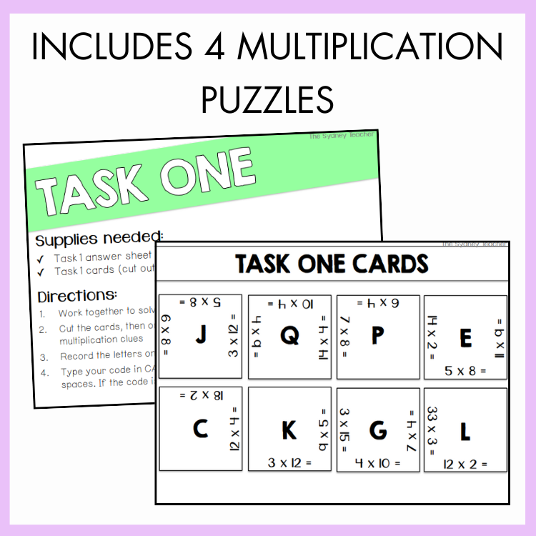 Multiplication puzzles with task cards and directions on a purple background