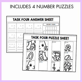 Two educational worksheets with number puzzles and answer sheets on a light purple background. Above is the text 'Includes 4 Number Puzzles.'