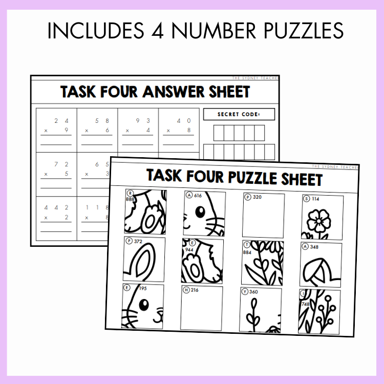 Two educational worksheets with number puzzles and answer sheets on a light purple background. Above is the text 'Includes 4 Number Puzzles.'