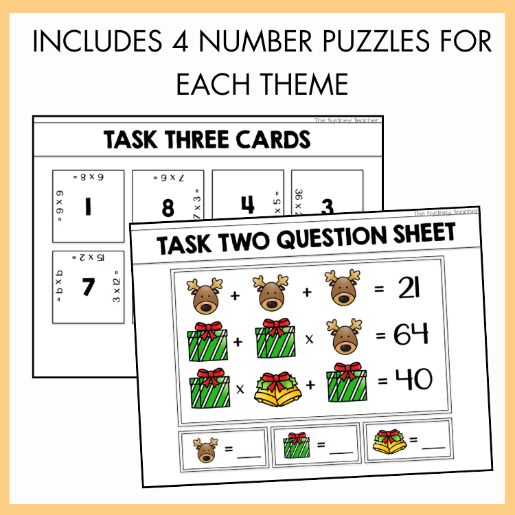 Educational math worksheets with Christmas-themed problems with labels Task Three Cards and Task Two Question Sheet on a yellow background with text on top that reads 'Includes 4 Number Puzzles for Each Theme.'