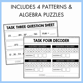 Mathematics worksheets with patterns and algebra puzzles on a white background.