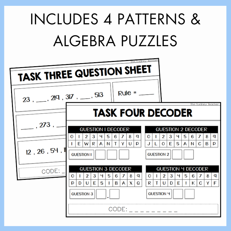 Mathematics worksheets with patterns and algebra puzzles on a white background.