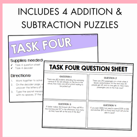 Task Four question sheet with addition and subtraction puzzles on a pink background with text 'includes 4 addition and subtraction puzzles'.