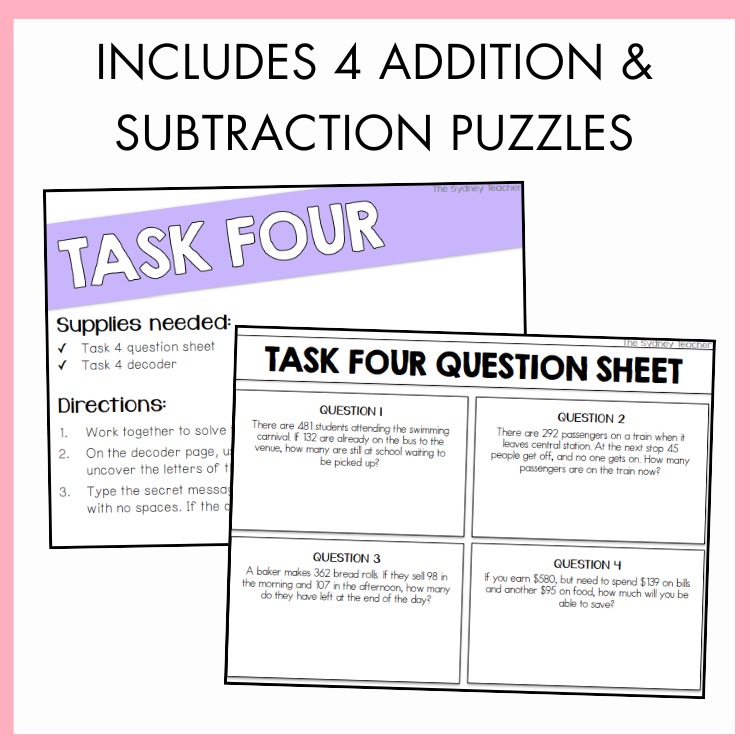 Task Four question sheet with addition and subtraction puzzles on a pink background with text 'includes 4 addition and subtraction puzzles'.