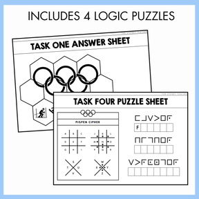 Two overlapping logic puzzle sheets, the task one answer sheet shows Olympic rings design puzzle pieces and the task four puzzle sheet  shows a pigpen cipher codes, on a blue border. The text at the top reads 'includes 4 logic puzzles'. 