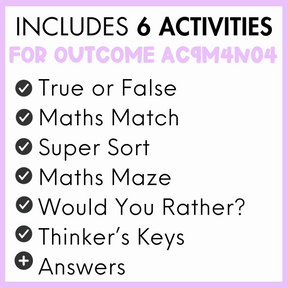 List of 6 activities for outcome AC9M4N04, true or false, maths match, super sort, maths maze, would you rather?, thinker's keys, and answers, with a light purple border.