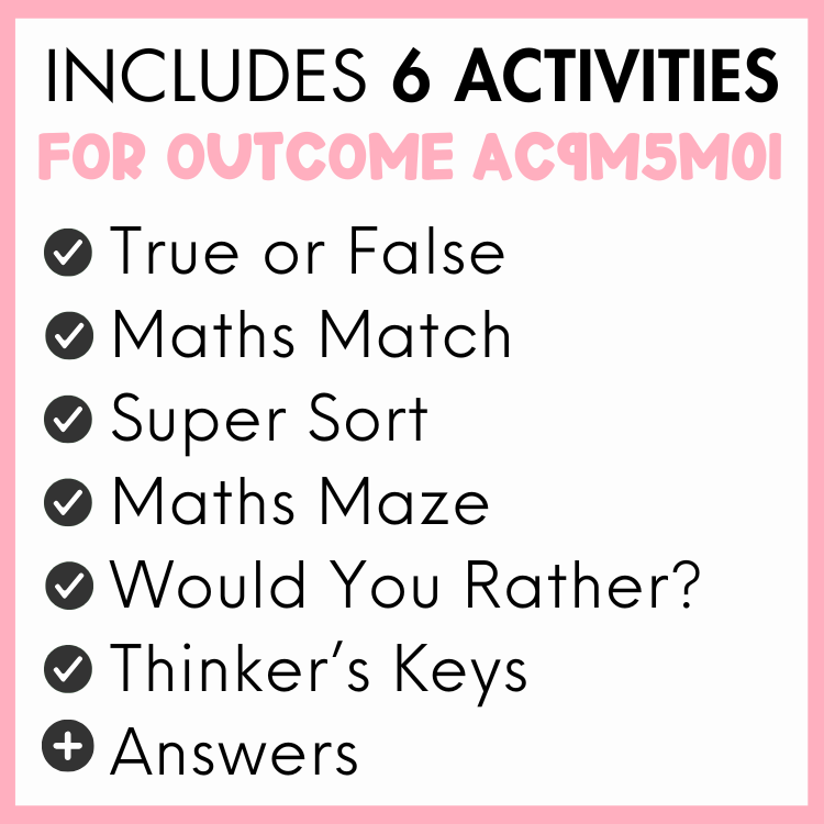 List of 6 activities for outcome AC9M5M01, true or false, maths match, super sort, maths maze, would you rather?, thinker's keys, and answers, with a pink border.