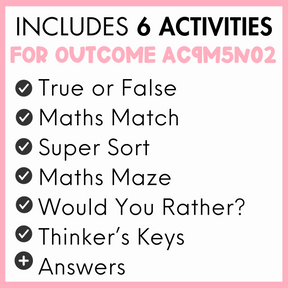 List of 6 activities for outcome AC9M5N02, true or false, maths match, super sort, maths maze, would you rather?, thinker's keys, and answers, with a pink border.