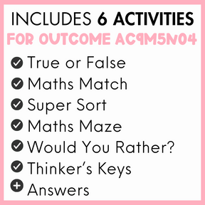 List of 6 activities for outcome AC9M5N04, true or false, maths match, super sort, maths maze, would you rather?, thinker's keys, and answers, with a pink border.