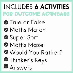 List of 6 activities for outcome AC9M6A03, true or false, maths match, super sort, maths maze, would you rather?, thinker's keys, and answers, with a light green border.
