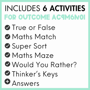 List of 6 activities for outcome AC9M6N01, true or false, maths match, super sort, maths maze, would you rather?, thinker's keys, and answers, with a light green border.