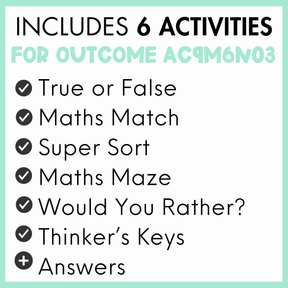 List of 6 activities for outcome AC9M6N03, true or false, maths match, super sort, maths maze, would you rather?, thinker's keys, and answers, with a light green border.