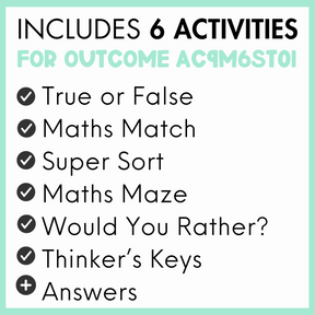 List of 6 activities for outcome AC9M6ST01, true or false, maths match, super sort, maths maze, would you rather?, thinker's keys, and answers, with a light green border.