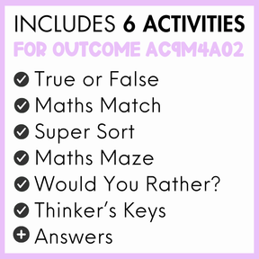 List of the activities included in the pack on a purple background. At the top, the text reads 'Includes 6 Activities for Outcome AC9M4A02' and below are listed activities: True or False, Maths Match, Super Sort, Maths Maze, Would You Rather?, Thinker's Keys, and Answers.