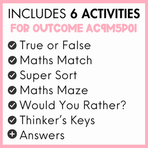 List of 6 activities for outcome AC9M5P01, true or false, maths match, super sort, maths maze, would you rather?, thinker's keys, and answers, with a pink border.