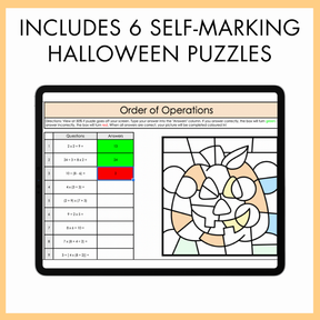 Halloween-themed math puzzle showing a pumpkin on a tablet screen with text that reads 'Includes 6 Self-Marking Halloween Puzzles.'