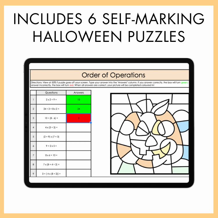 Halloween-themed math puzzle showing a pumpkin on a tablet screen with text that reads 'Includes 6 Self-Marking Halloween Puzzles.'