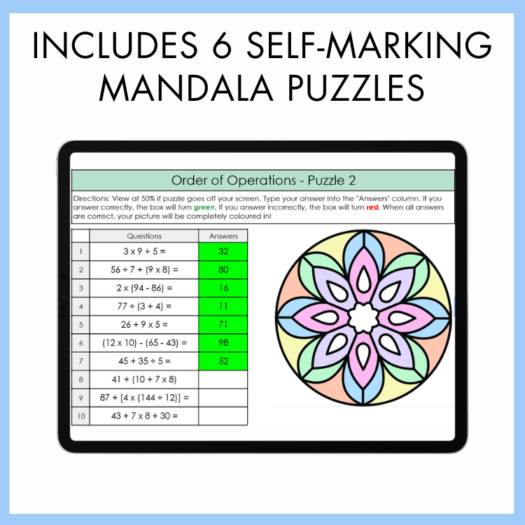 Mandala puzzle with math problems and a colorful mandala design on a digital device screen. The text above reads 'Includes 6 Self-Marking Mandala Puzzles.'