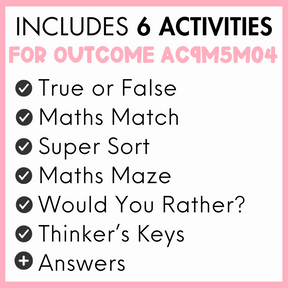 List of 6 activities for outcome AC9M5M04, true or false, maths match, super sort, maths maze, would you rather?, thinker's keys, and answers, with a pink border.