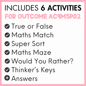 List of 6 activities for outcome AC9M5P02, true or false, maths match, super sort, maths maze, would you rather?, thinker's keys, and answers, with a pink border.