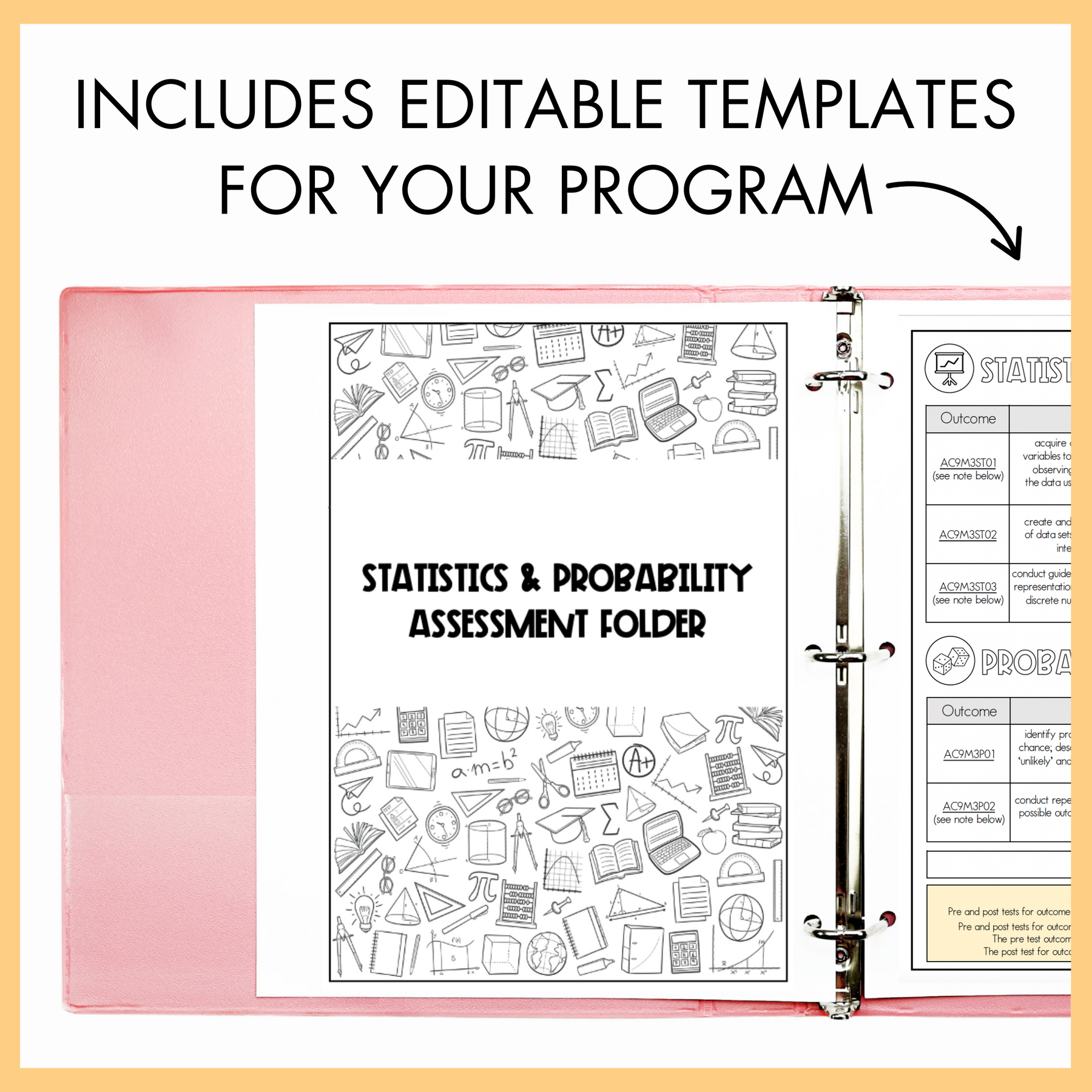 Pink assessment folder with 'Statistics & Probability Assessment Folder' title on a yellow background with text 'Includes Editable Templates for Your Program' on top.