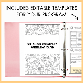 Pink assessment folder with 'Statistics & Probability Assessment Folder' title on a yellow background with text 'Includes Editable Templates for Your Program' on top.