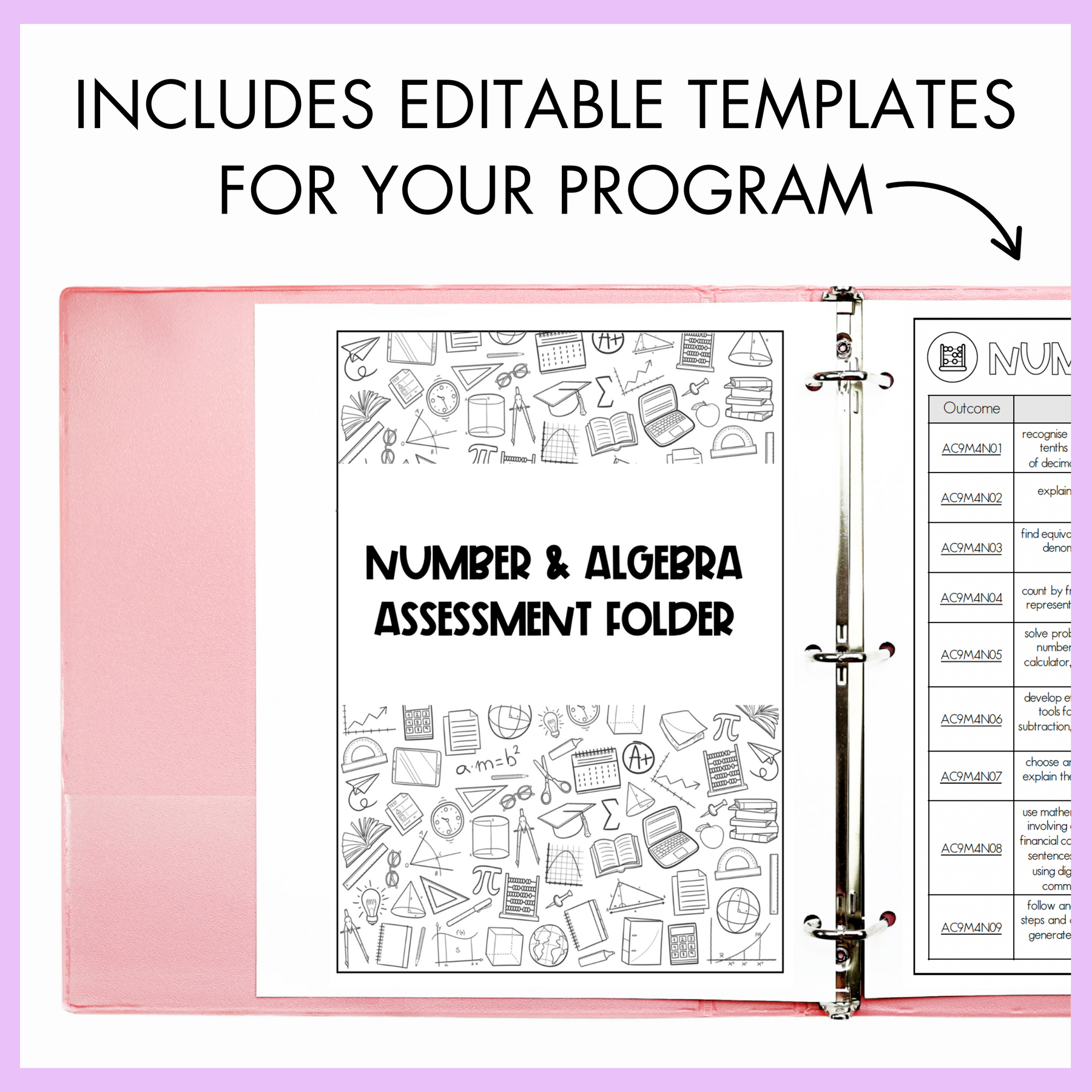 Pink assessment folder with 'Number and Algebra Assessment Folder' title on a light purple background with text 'Includes Editable Templates for Your Program' on top.