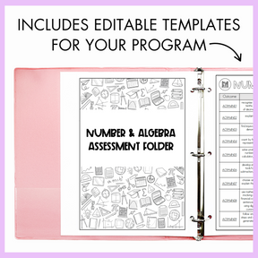 Pink assessment folder with 'Number and Algebra Assessment Folder' title on a light purple background with text 'Includes Editable Templates for Your Program' on top.