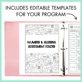 Pink assessment folder with 'Number and Algebra Assessment Folder' title on a light green background with text 'Includes Editable Templates for Your Program' on top.